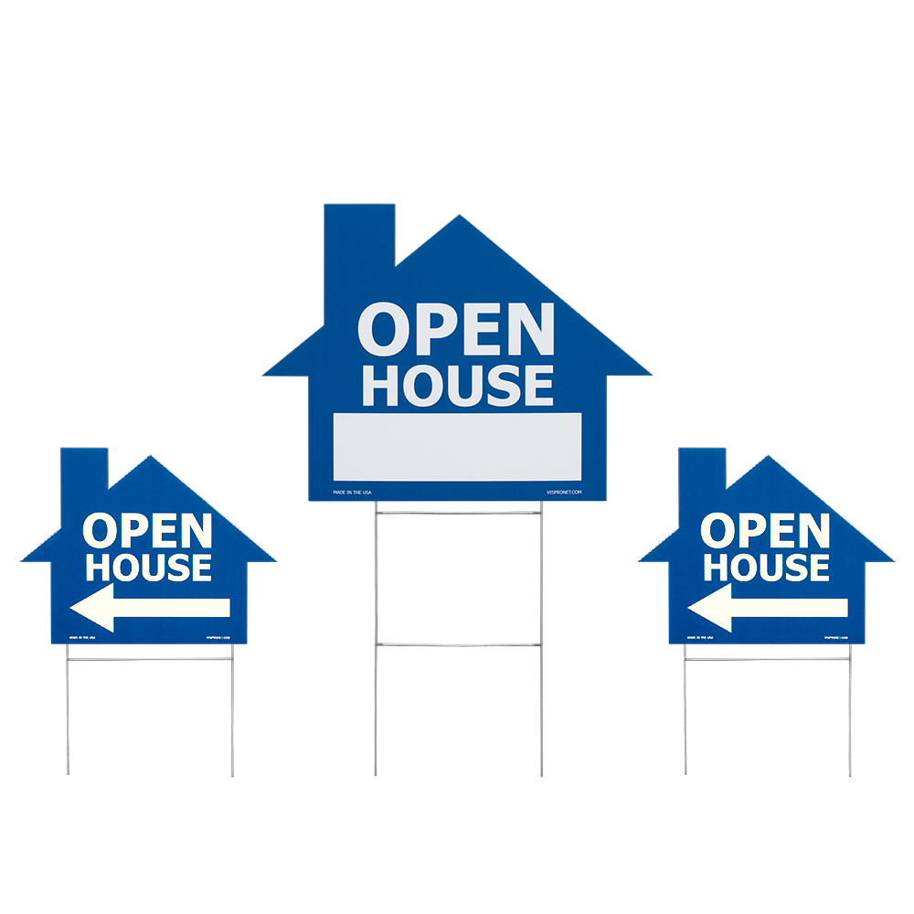 blue open house signs